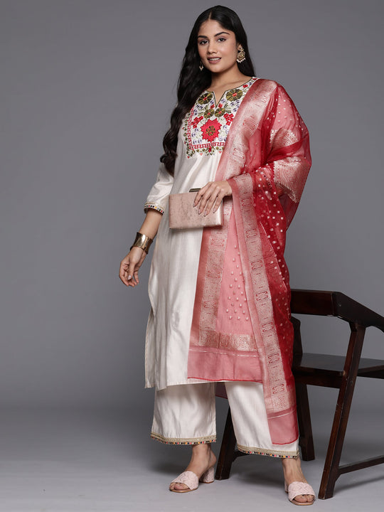Indo Era Plus Size Off White Embroidered Straight Kurta Palazzos With Dupatta Set