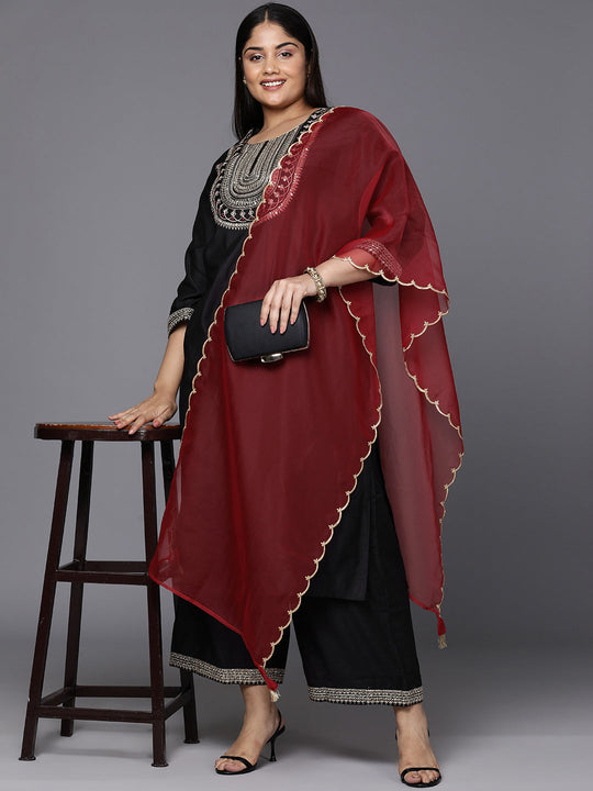 Indo Era Plus Size Black Embroidered Sequinned Kurta with Palazzos & Dupatta