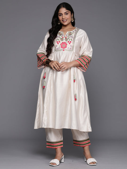 Indo Era Plus Size White Embroidered A-Line Kurta Trousers  Set