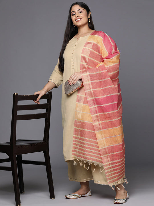 Indo Era Plus Size Beige Regular Gotta Patti Kurta with Palazzos & Dupatta