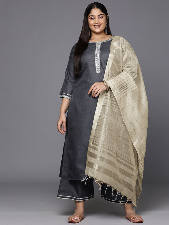 Plus Size Grey Embroidered Regular Mirror Work Kurta with Palazzo & Dupatta