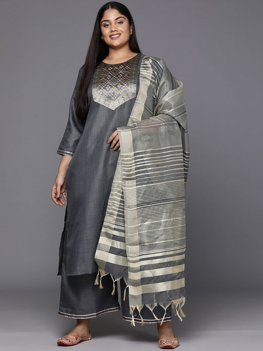 Indo Era Plus Size Grey Ethnic Motifs Yoke Design Regular Kurta with Palazzos & Dupatta