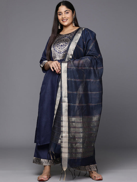 Indo Era Plus Size Navy Blue Ethnic Motifs Yoke Design Regular Kurta with Palazzos & Dupatta