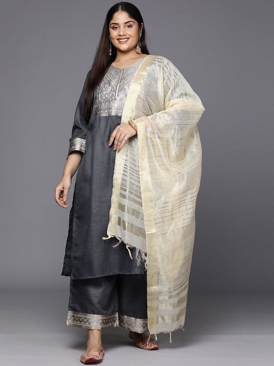 Indo Era Plus Size Grey Floral Yoke Design Regular Kurta with Palazzos & Dupatta