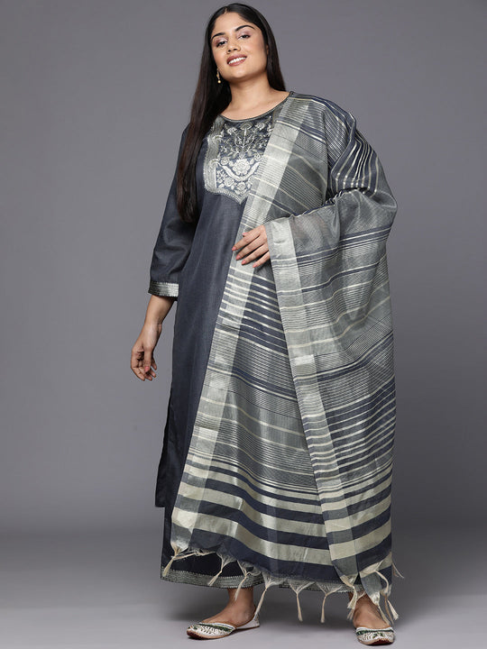 Indo Era Plus Size Grey Ethnic Motifs Yoke Design Regular Kurta with Palazzos & Dupatta