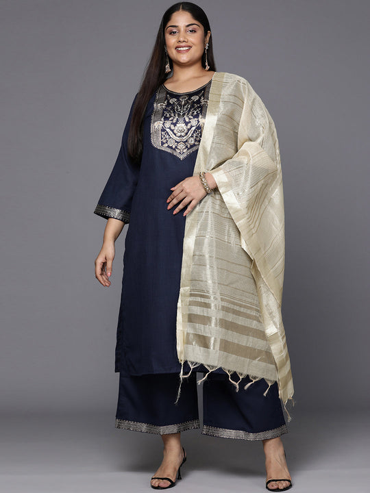 Indo Era Plus Size Navy Blue Floral Yoke Design Regular Kurta with Palazzos & Dupatta