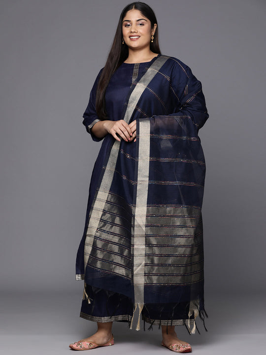 Indo Era Plus Size Navy Blue Yoke Design Regular Kurta with Palazzos & Dupatta