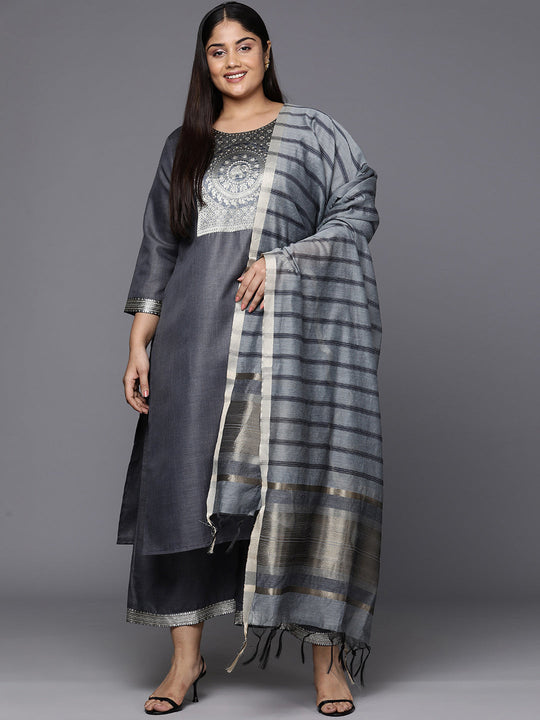 Indo Era Plus Size Grey Yoke Design Regular Kurta with Palazzos & Dupatta