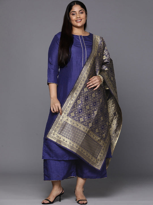 Indo Era Plus Size Navy Blue Regular Gotta Patti Kurta with Palazzos & Dupatta