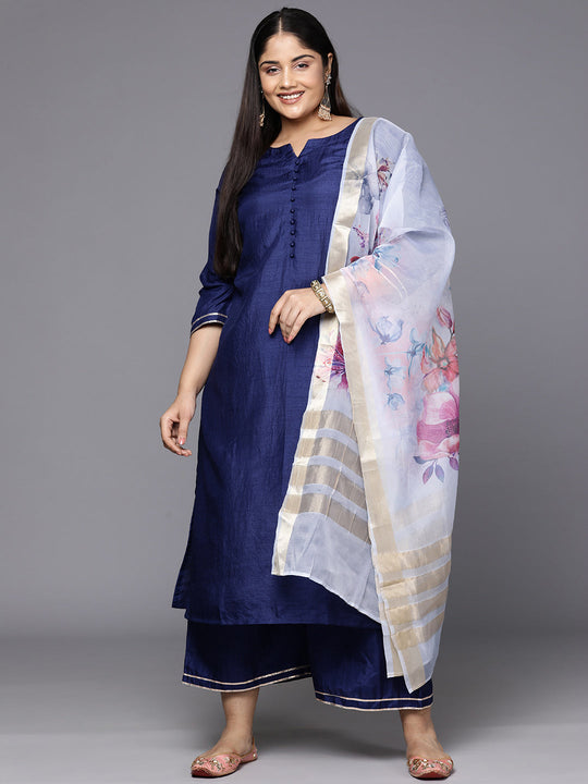 Indo Era Plus Size Navy Blue Self Design Straight Kurta Palazzos With Dupatta