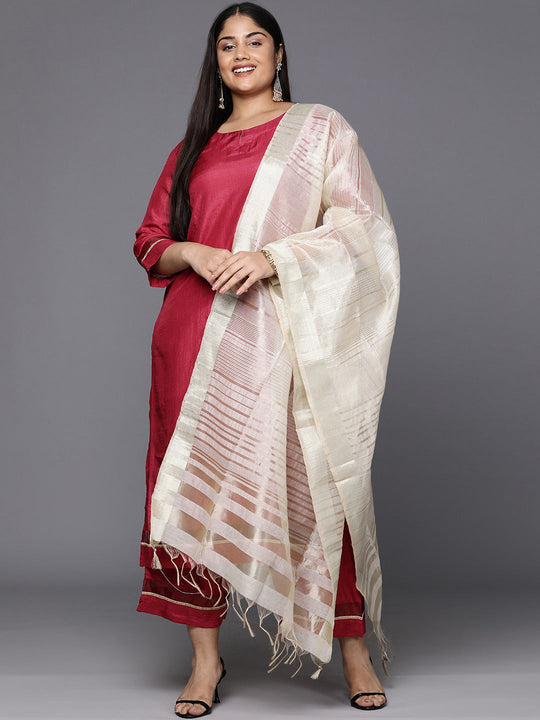 Indo Era Plus Size Maroon Keyhole Neck Zari Kurta with Palazzos & Dupatta