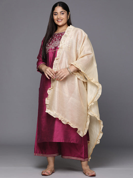 Indo Era Plus Size Pink Ethnic Motifs Embroidered Chanderi Silk Kurta with Palazzos & Dupatta