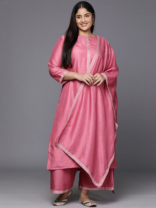 Indo Era Plus Size Pink Yoke Design Regular Kurta with Palazzos & Dupatta