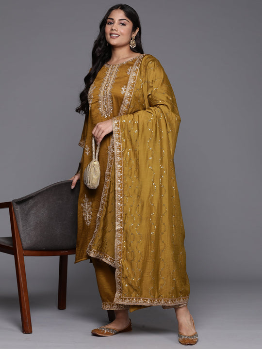 Indo Era Plus Size Mustard Embroidered Straight Kurta Trousers With Dupatta Set