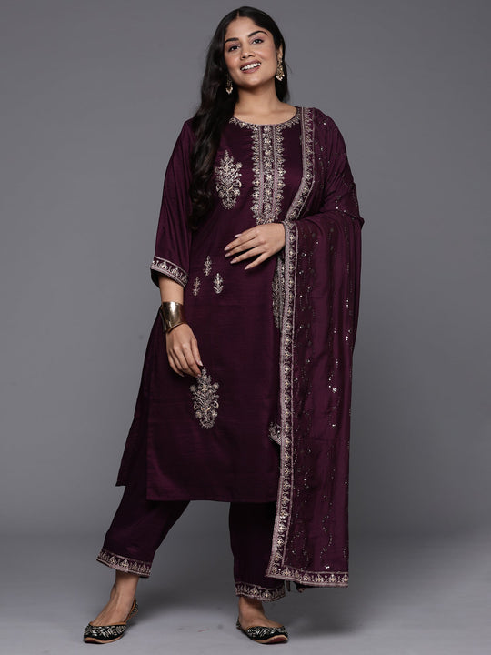 Indo Era Plus Size Burgundy Embroidered Straight Kurta Trousers With Dupatta Set