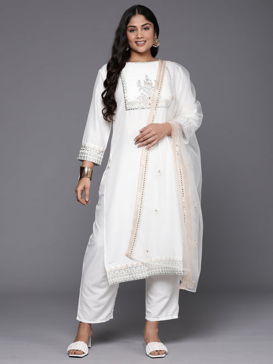 Indo Era Plus Size White Embroidered Straight Kurta Trousers With Dupatta Set