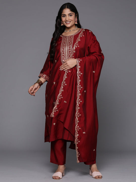 Indo Era Plus Size Maroon Embroidered Straight Kurta Trousers With Dupatta Set