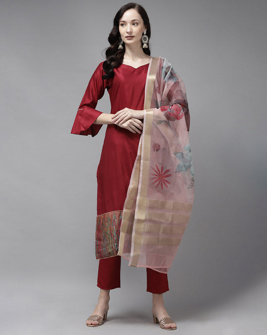 Indo Era Red Foil Floral Printed Kurta Palazzo with Dupatta Sets