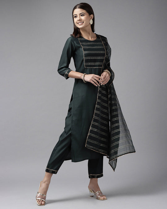 Indo Era Green Solid Straight Kurta Trouser With Dupatta Set