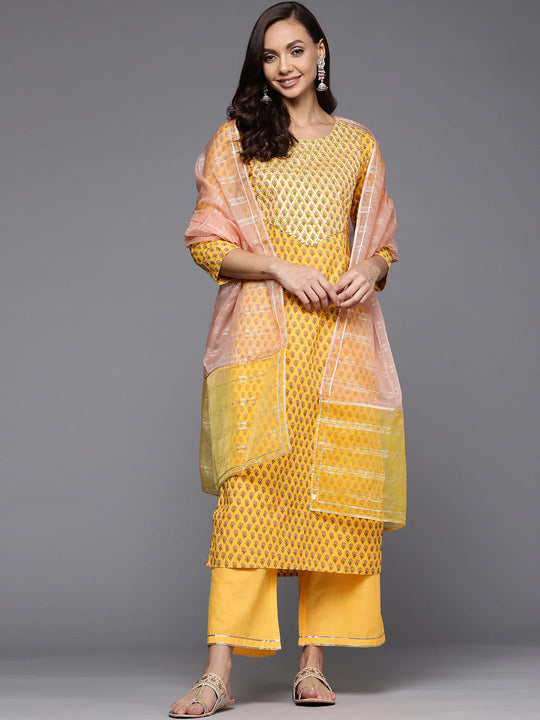 Indo Era Yellow Printed Straight Kurta Palazzo With Dupatta Set