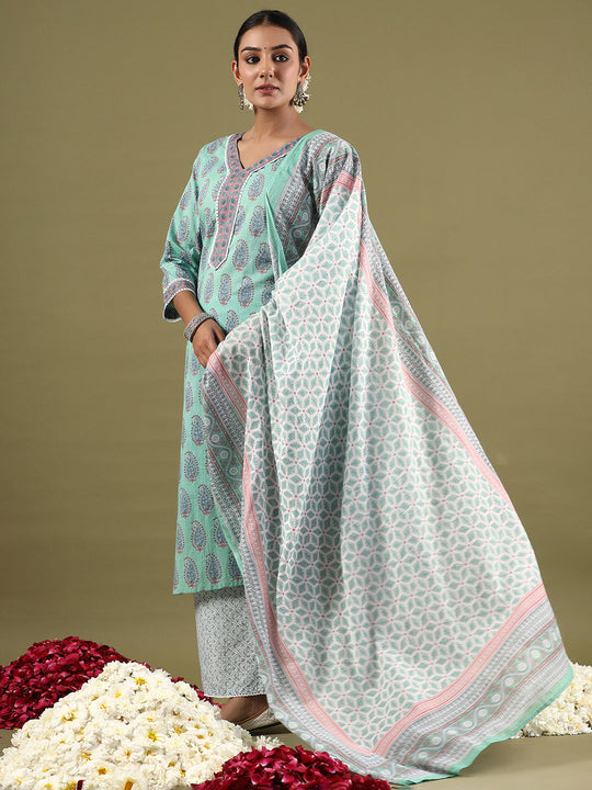 Indo Era Sea Green Printed Straight Kurta Palazzos With Dupatta Set