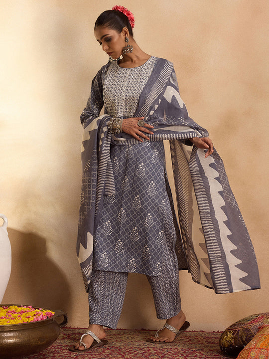 Indo Era Blue Printed Straight Kurta Trousers With Dupatta Set