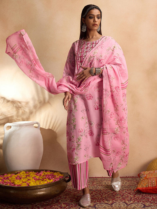 Indo Era Peach Embroidered Straight Kurta Trousers With Dupatta Set
