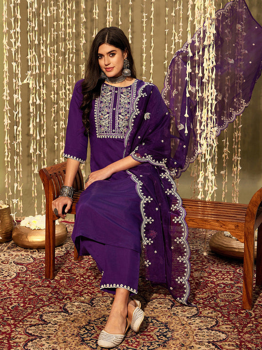 Indo Era Purple Embroidered Straight Kurta Trousers With Dupatta set