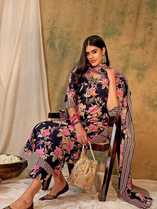Indo Era Blue Printed Straight Kurta Trousers With Dupatta Set