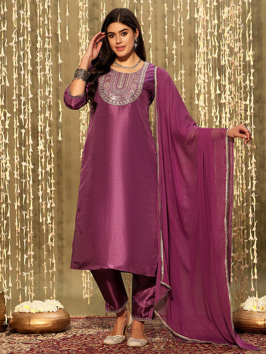 Indo Era Lavender Embroidered Straight Kurta Trousers With Dupatta Set