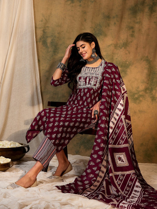 Indo Era Burgundy Printed Straight Kurta Trousers With Dupatta Set