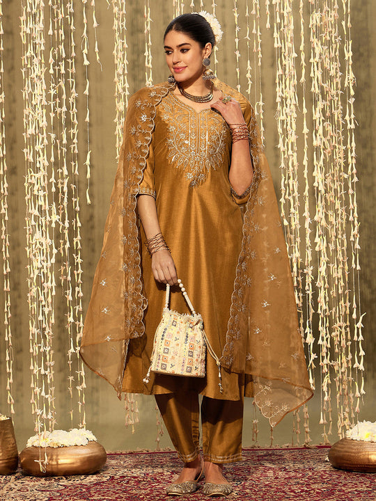Indo Era Mustard Embroidered Straight Kurta Trousers With Dupatta set