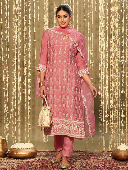 Indo Era Pink Embroidered Straight Kurta Trousers With Dupatta set
