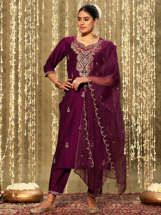 Indo Era Purple Embroidered Straight Kurta Trousers With Dupatta set