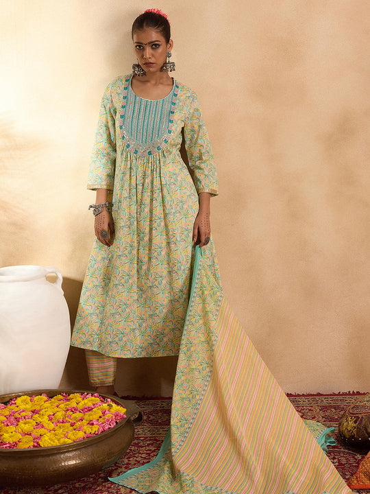 Indo Era Sea Green Embroidered A-Line Kurta Trousers With Dupatta Set