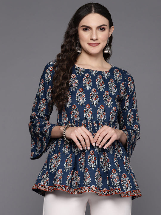 Indo Era Blue Floral Print Bell Sleeve A-Line Top