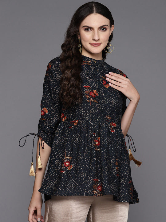 Indo Era Blue Floral Print Mandarin Collar Longline Top