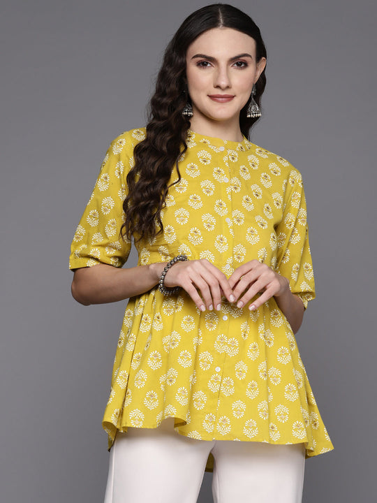 Indo Era Yellow Printed Mandarin Collar Puff Sleeve A-Line Top