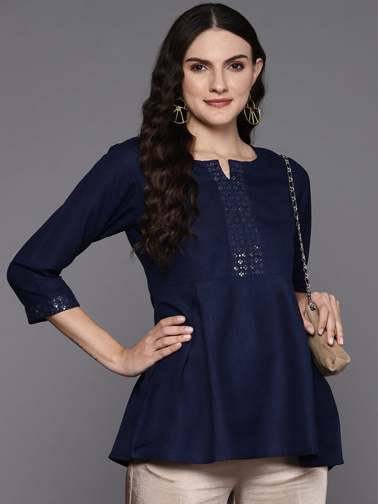 Indo Era Navy Blue Embroidered Sequinned Cotton Cambric Longline Top